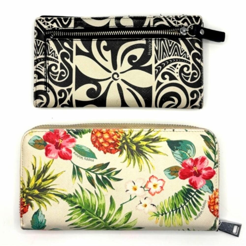 Set of 2 Happy Wahine Vegan Leather Wallets, Floral & Hawaiian Motif - Pre-Owned